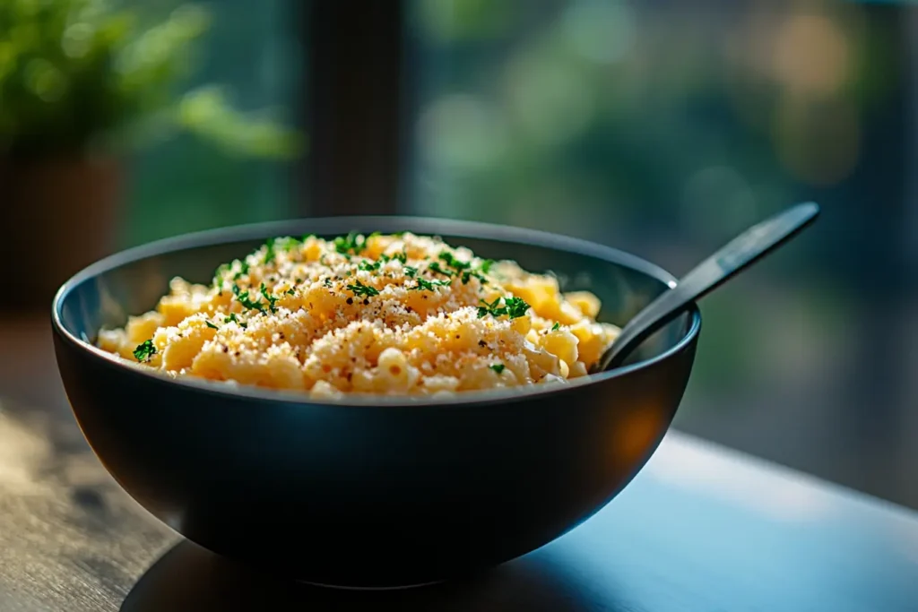 A creamy bowl of high-protein mac and cheese