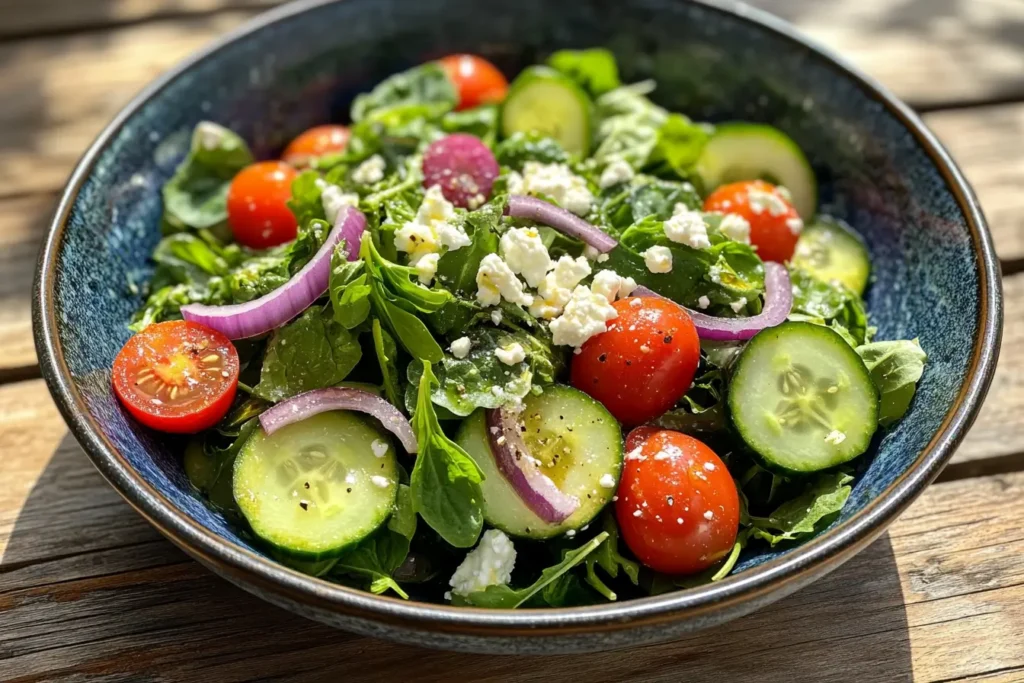Fresh watercress salad with tomatoes, cucumber, and feta cheese.