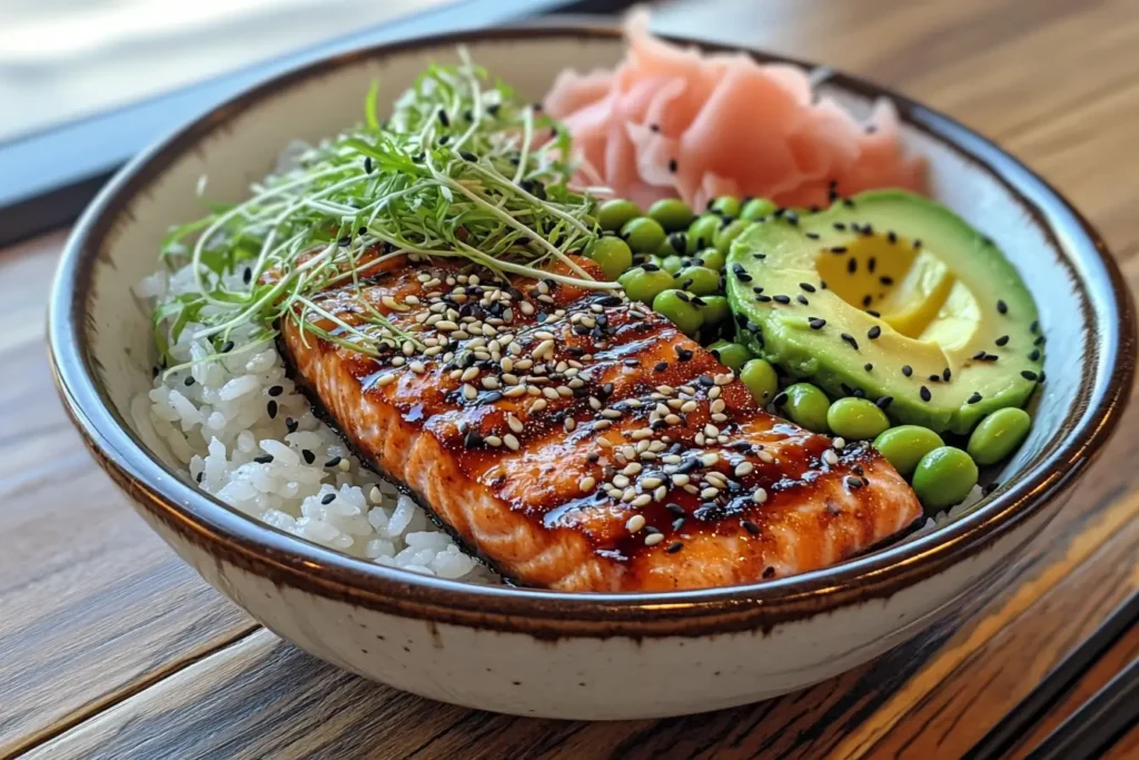 Colorful salmon bowl with seared salmon, avocado, and sushi rice.