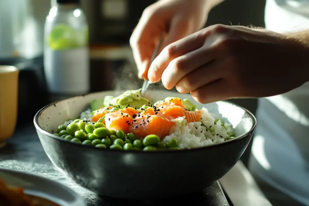 Hands assembling a salmon bowl with fresh ingredients.