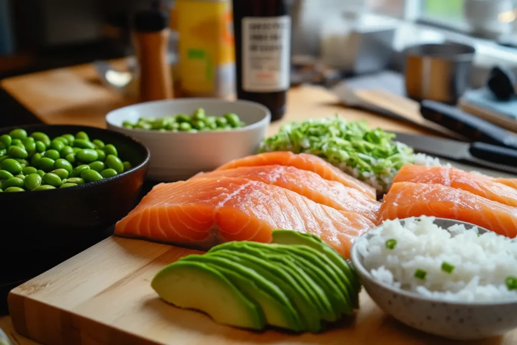 Ingredients for salmon bowls arranged on a kitchen counter