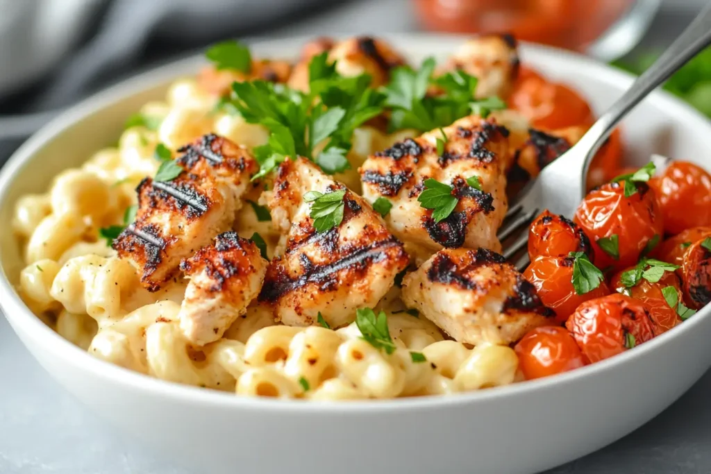 Protein Mac and Cheese topped with grilled chicken and fresh parsley