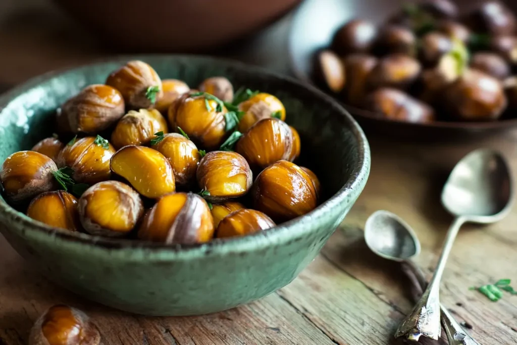 A bowl of roasted chestnuts surrounded by festive decor