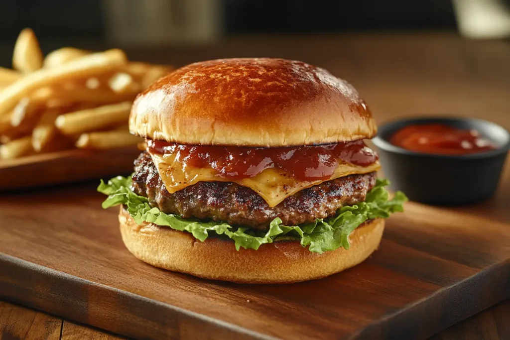 Classic cheeseburger with melted American cheese and toppings.