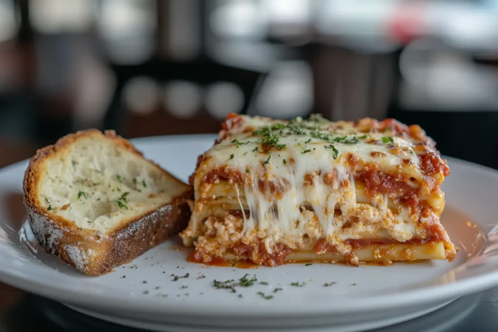 Baked ziti in a casserole dish topped with golden, bubbly cheese