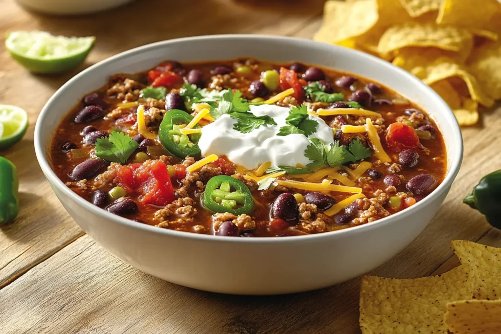 A bowl of Taste of Home Taco Soup with toppings