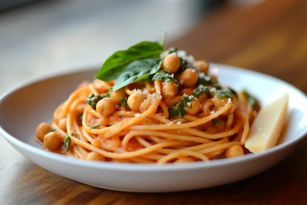 A plate of pasta tossed in tomato and chickpea sauce