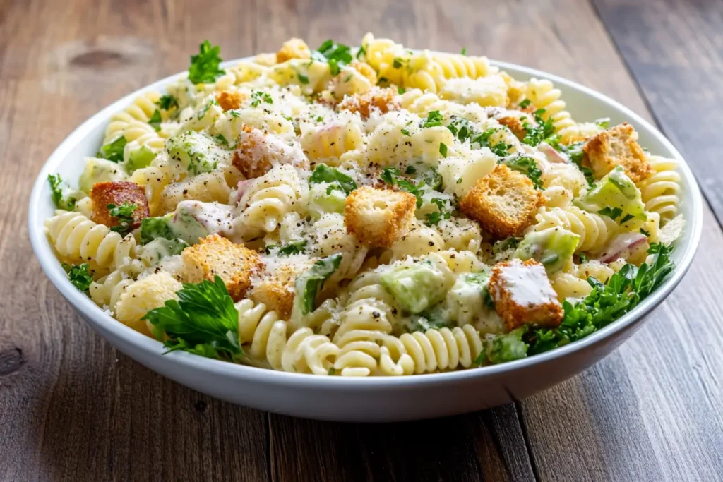 A bowl of Caesar pasta salad with Parmesan and croutons.