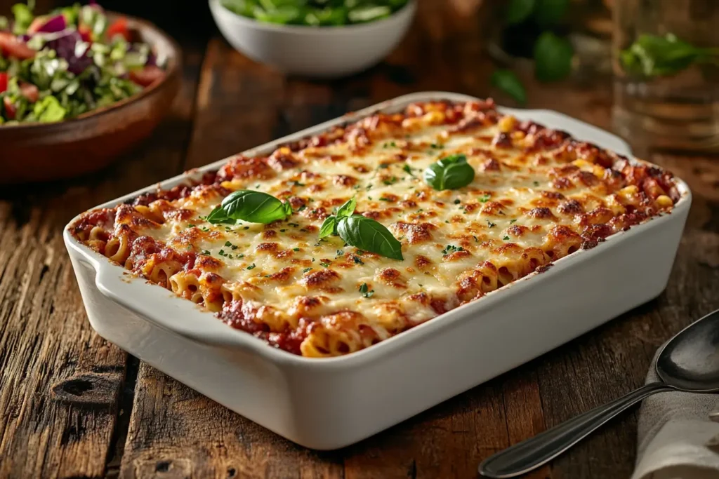 Baked ziti in a casserole dish topped with golden, bubbly cheese