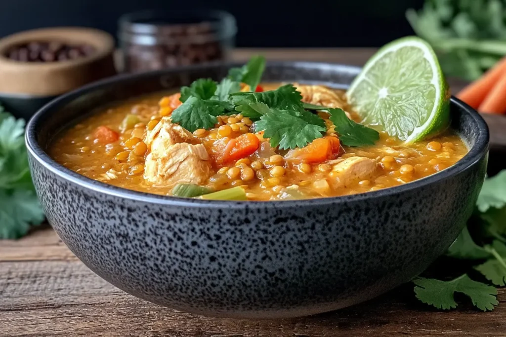 Golden Mulligatawny soup with chicken, lentils, and fresh cilantro