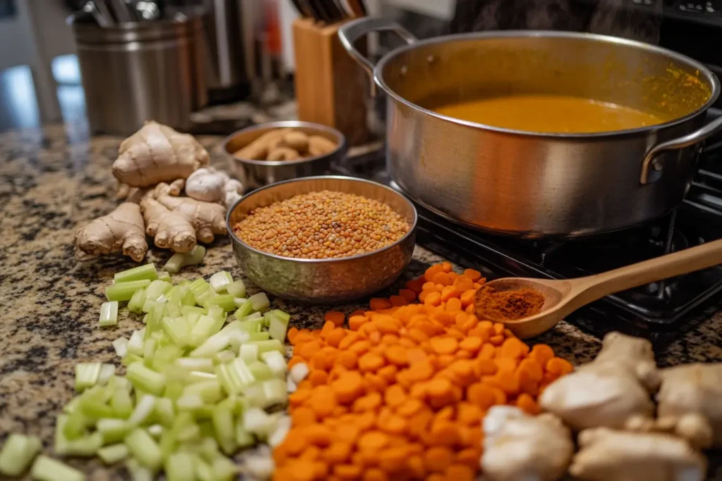 Ingredients for Mulligatawny soup arranged on a kitchen counter