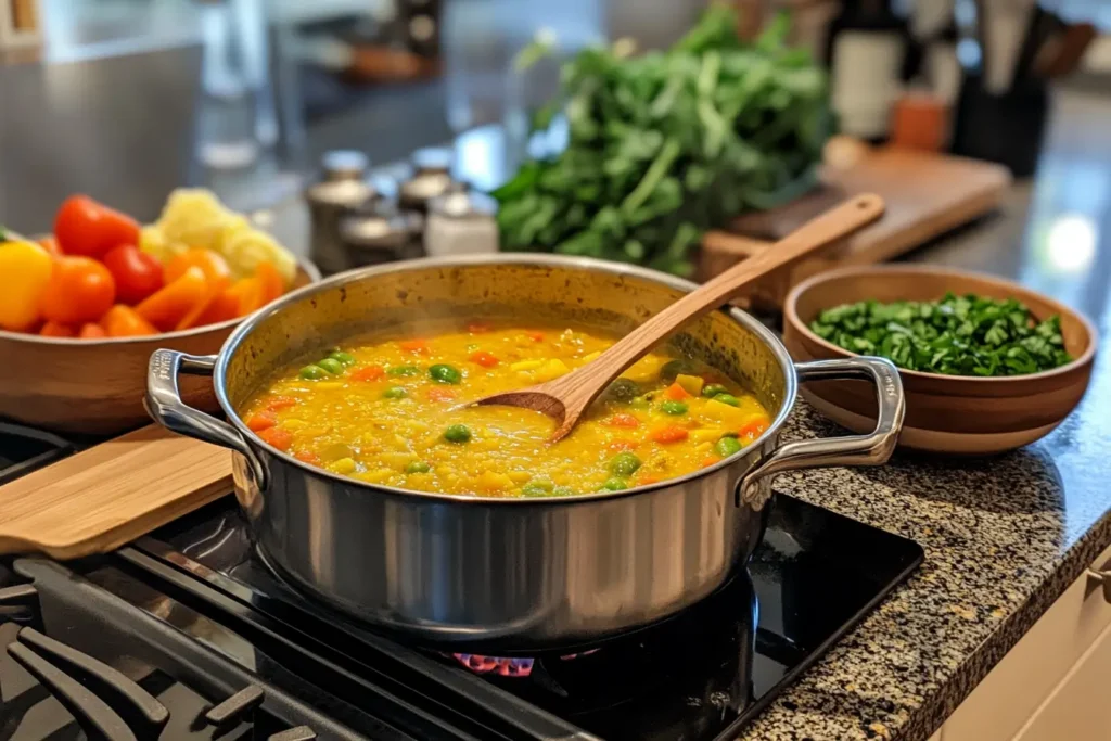 Simmering Mulligatawny soup in a pot on a stovetop