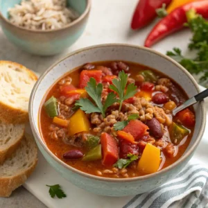 High Protein Stuffed Pepper Soup – Hearty, Healthy & Delicious 4 High Protein Stuffed Pepper Soup served in rustic bowl